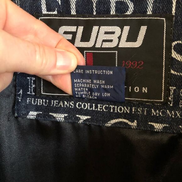 Vintage 90s FUBU Denim All Over Print MCMXCII Jeans Collection Jacket 5X - Picture 9 of 14
